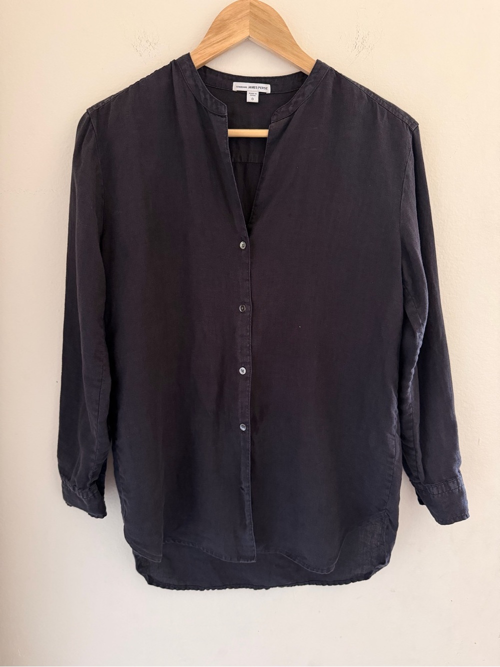 James Perse Standard 100% Linen Band Collar Button Up Shirt Black Size 0